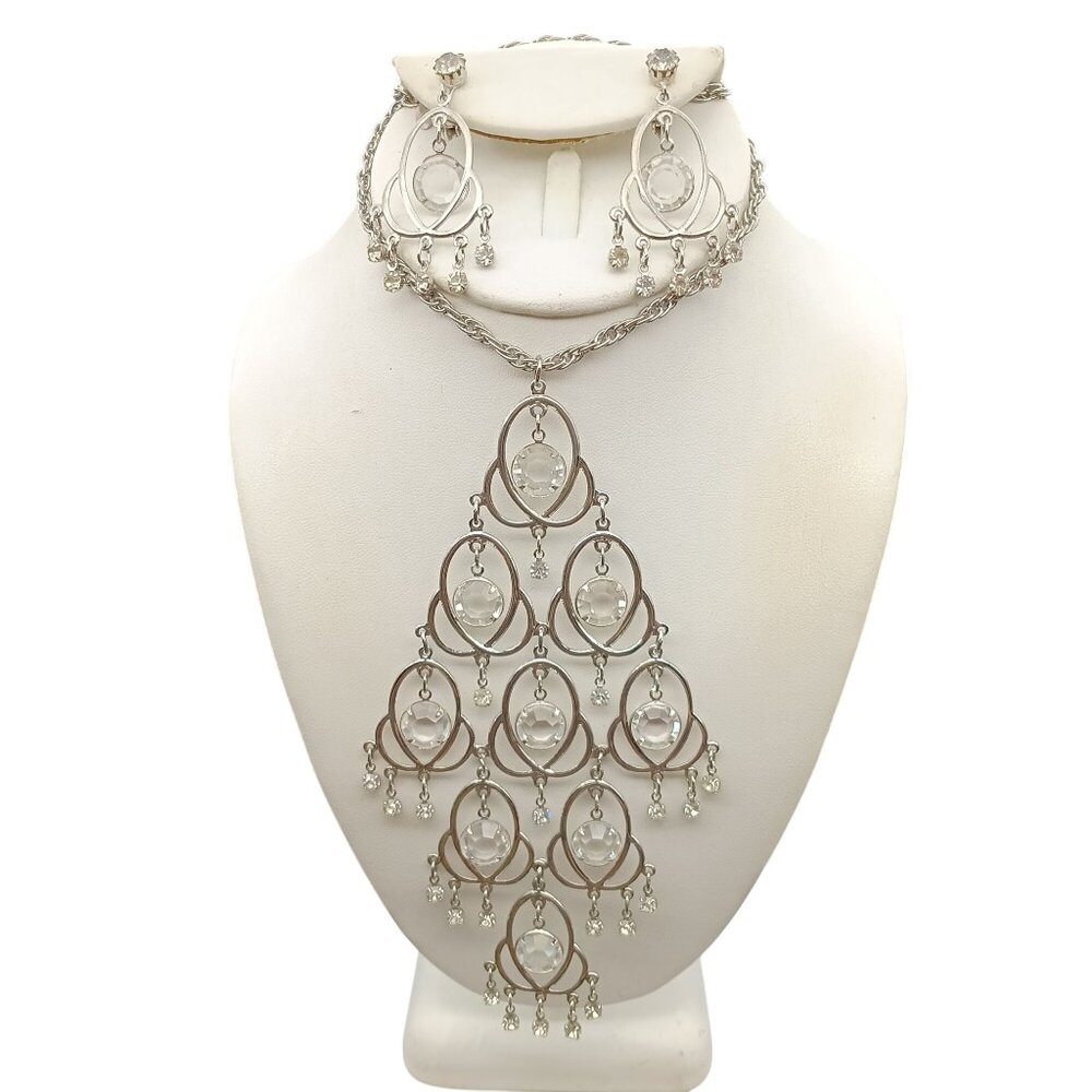 Vintage Celebrity NY Silver Chandelier Necklace & Earrings Set Dramatic Statemen
